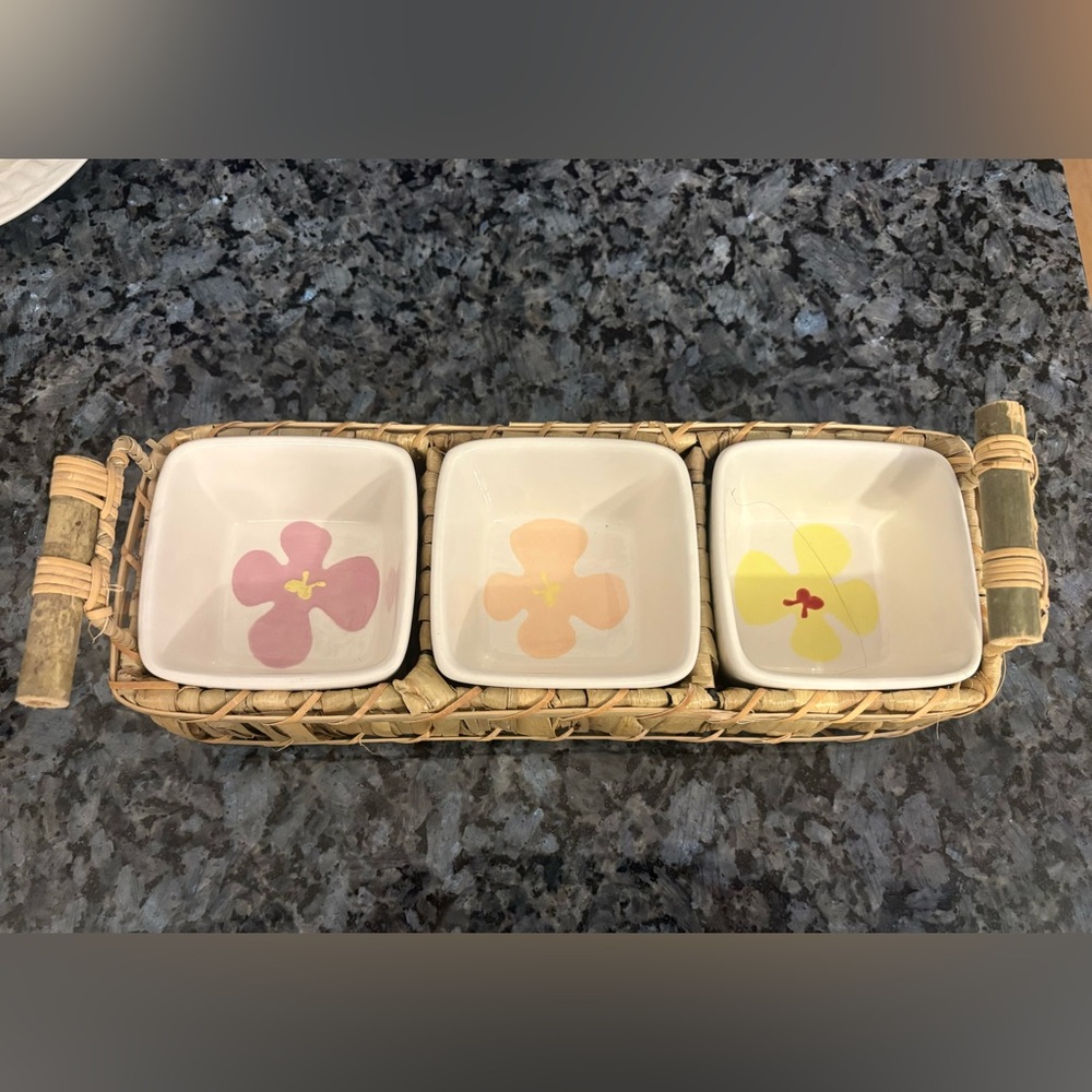 Floral Ceramic Bowls with Wicker Tray